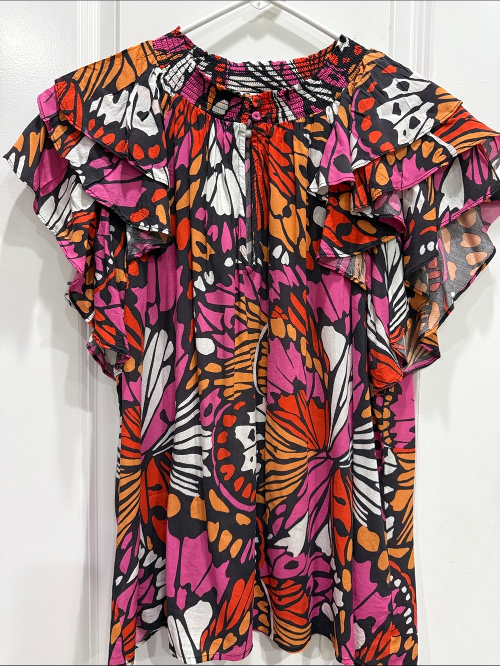 DR2 Ruffle Flutter-Sleeve Floral Blouse - Pink, Orange & Black